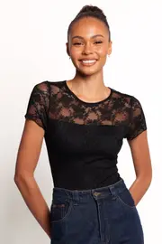 [PUP44] Ziva Lace Overlay Bodysuit - Black XS black
