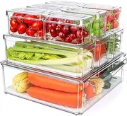 KAHEIGN Fridge Organiser, Stackable Storage Box, 3 Sizes, Transparent Storage Cabinet, Kitchen Organiser, BPA-Free Storage Containers, Organiser Boxes with Handles for Refrigerator, Pack of 10