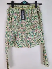 Boohoo Ditsy Floral Print Shirred Waist Crop Top Lemon Uk 6 Summer Brand New
