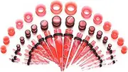 [vogem] 50Pcs Ear Stretching Kit Acrylic 14G-00G Ear Tapers and Silicone Tunnel Marble Pattern Ear Stretchers Expander Piercing Set Body Jewelry (Red), Acrylic