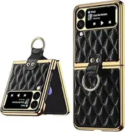 Leather Case for Samsung Galaxy Z Flip5 4 3 5G Ring Holder Protective Cover with Camera Lens Protection Frame,Black,for Galaxy Z Flip 5