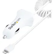 StarTech.com Lightning Car Charger with Coiled Cable, 1m Built-in Cable, 12W, White, 2 Port USB Car Charger Adapter, In Car iPho