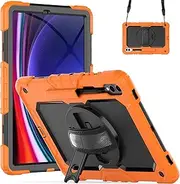 [YueHealthy] Case for Samsung Galaxy Tab S9 FE Plus 12.4-Inch 2023 (SM-X610/SM-X616) with Screen Protector/360 Rotating Hand Strap Stand/Pencil Holder/Shoulder Strap,3-Layer Case,Orange+Black