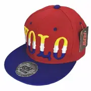“Yolo” Flat Bill Snap Back Ball Cap Red & Blue Hat Embroidered Adjustable