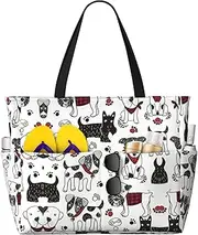 [Ghjkfbf] Lovely Dogs Print Large Capacity Beach Travel Bag For Family, Beach Tote Bag For Women With Zipper Pockets, Black, One Size
