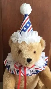 RED, WHITE & BLUE WHITE RUFFLES COLLAR AND HAT HANDCRAFTED FOR TEDDY BEARS