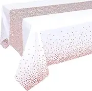 Rose Gold Tablecloth Sequin Table Runner Set, White and Rose Gold Party Decorations, Rectangle Disposable Plastic Table Cloths for Parties, Rose Gold Table Runners, for Wedding Birthday Anniversary