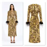 ALICE McCALL Womens Size 4 or US 0 Gold Dust Feathered Midi Dress NEW RRP$879