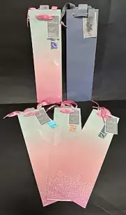 X5 Hallmark 13'' Wine Bottle Gift Bags New Gray, Pink & Blue Hologram Sparkle