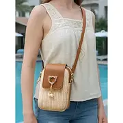 Women's Straw Crossbody Phone Bag with Cat Ears Pendant – Cute Woven Mini Purse, Casual Summer Style, Small Shoulder Bag for Teen Girls Women, Ideal for Beach