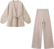 [Zadaos] Female Fall 2-Piece Set V-Neck Bow Lace-Up Knitting Tops+Elastic Waist Long Pants