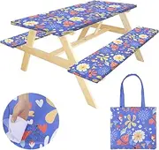 Picnic Table Cover with Bench Covers, 6FT Waterproof Windproof Picnic Table Cover, Camping Tablecloth with Carry Bag, Fitted Elastic Rectangle Table and Seat Covers for Patios, Yards(Flower)
