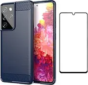 [Asuwish] Phone Case for Samsung Galaxy S21 Ultra 5G with Tempered Glass Screen Protector Cover and Cell Accessories Silicone Slim Soft TPU S21ultra 21S S 21 21ultra G5 Women Men Carbon Fiber Dark Blue