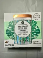 L. 100% Organic Cotton Core Tampons - BPA Free Plastic Applicators 42 Tampons