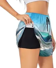 [GaxfjRu] Clear Sky Wave Beach Print Women's Running Shorts High Waisted Running Shorts Pocket Sporty Gym Elastic Short