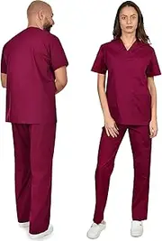 B-well Colombo Unisex Scrub Set, Slip-On Tunic and Slip-On Trousers Set, Medical Doctor Uniform, Slip-On Jacket, Top with Trousers, Medical Work Wear, Thick Fabric, wine red, XX-Large