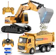 Remote Control Excavator and Dump Truck Toy Set - RC Construction Vehicles Toy with Barricades, Road Signs, Simulated Rocks, Lights and Sounds, Birthday Gifts for Toddlers 3-12 year Boys Girls