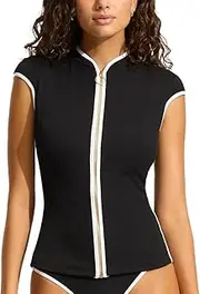 [Seafolly] Women's Short Cap Sleeve Zip Front Rashguard with Removable Cups, Beach Bound