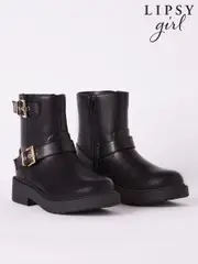 Lipsy Black Buckle Biker Faux Leather Flat Ankle Boots (AD7612) | $78 - $88
