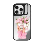 iPhone 16 Pro Mirror Ring Stand Case MagSafe Compatible Floral coffee
