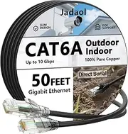Jadaol Cat6a Ethernet Cable 50 ft Slim, Outdoor&Indoor 10Gbps 550MHz, Snagless 28AWG Pure Copper Network Cable for Waterproof&Direct Burial, Flexible LAN Cable for Router, Modem, Switch, Gaming, Black