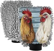 XYMZR Rooster Brown White Retro Absorbent Microfiber Car Wash Mitt, Funny Cute Anime Scratch Free for Cars Cleaning, Home Cleaning Mitts, 2 Pack, 10.24” L x 7.09” W