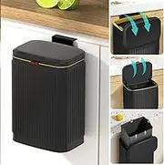 Hanging Trash Bin with Lid, 8 Liter Stainless Steel Garbage Can for Cupboard or Under Sink, Wall Mounted Kitchen Compost Bin Wastebasket for Bedroom, Bathroom, Office(Black)