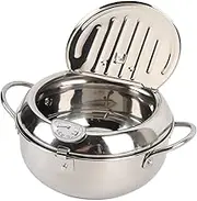 Stainless Steel Fish Fryer Pot with Thermometer and Lid, Oil Drip Drainer Rack Multifunctional Deep Frying Pot, Stainless Steel Fryer Pot for Potato Chicken (20cm)