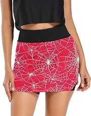 [RPLIFE] White Spiderwebs Red Womens Exercise Skirt, High Waisted Tenni Skort, Womens Golf Skorts Summer