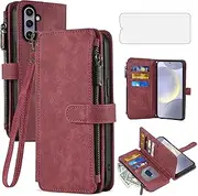 Asuwish Phone Case for Samsung Galaxy S24 Plus S24+ 5G Wallet Cover with Tempered Glass Screen Protector and Leather Flip Credit Card Holder Stand Cell Accessories S24plus 24S + S 24 24+ Women Men Red