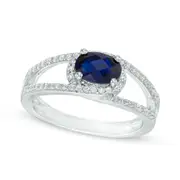 Oval Lab-Created Blue and White Sapphire Frame Split Shank Ring in Sterling Silver