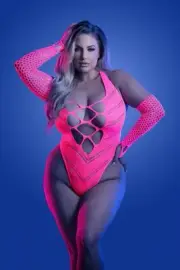 Fantasy Queen Glow Flashback Seamless Rhinestone Teddy & Gloves Neon Pink