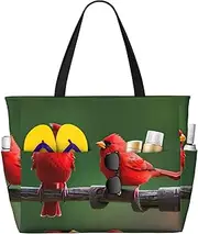 [Ghjkfbf] Red Birds Print Large Capacity Beach Travel Bag For Family, Beach Tote Bag For Women With Zipper Pockets, Black, One Size