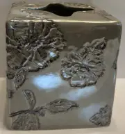 Ceramic Embossed Rose Grey Silver Tissue Box Cover Home Goods Holder 6” Cube NWT