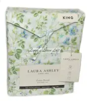 LAURA ASHLEY Spring Bloom Blue Green KING SHEET SET 4P NEW COTTON PERCALE
