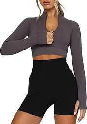 [LEEDYA] Women's Long Sleeve Workout Shirts Half Zip Pullover Sweatshirt Cropped Ribbed Yoga Running Athletic Tops