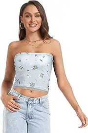 [GuoChe] Summer Sexy Tube Top Floral Light Blue with Mesh Cleavage Cover Up Halter Top for Summer Nursing