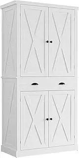 [IRONCK] Kitchen Pantry Storage Cabinet 72.6" H, with Barn Doors, Drawer, 4 Adjustable Shelves, Freestanding Cupboard for Dining Room Living Room, Laundry, White
