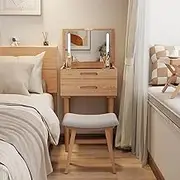 Muwuele Solid Wood Small Vanity Desk with Flip Top Mirror, Brightness Adjustable Lights, Compact Vanity with Glass Top and Drawers, Slim Dressing Table for Small Space, Bedroom, Living Room, Natural