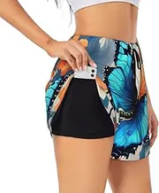 [GaxfjRu] Blue Butterfly Print Women's Running Shorts High Waisted Running Shorts Pocket Sporty Gym Elastic Short