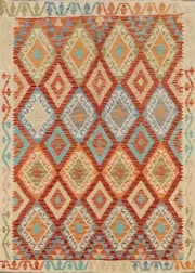 Flat Weave Kilim Reversible Wool Rug 5x6 Southwestern Pastel Color Carpet