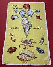 Vintage Linen Tea Towel w Australian Seashells Pattern Heron Island Kitchen Art
