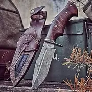 BIGCAT ROAR Handmade Damascus Hunting Knife - Bushcraft Solid Blade Jaking Knife with Case and Walnut Handle - 10" EDC Leather Knife - Beast Hunter