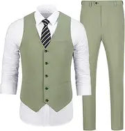 [ZKHOECR] Men's Casual Linen Suit Set 2 Piece Slim Fit Wedding Suits Prom Groomsmen Suit Tuxedos Beach Suits Vest Pants, Light Green, 3X-Large