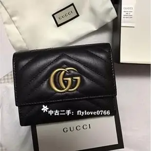 中古二手GUCCI 古馳   Small GG Marmont 皮夾 零錢包 卡夾 黑色 474802