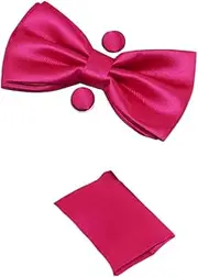 [Zasel] Mens Hot Pink Matching Bow Tie, Pocket Square & Cuff Links Set