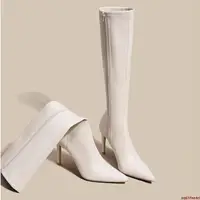在飛比找蝦皮購物優惠-時尚白色長筒靴女2023年新款秋季氣質尖頭靴子細跟高跟鞋高筒