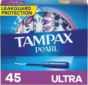 Tampax Pearl Plastic Tampons, Ultra Absorbency - 45 Count - Leakguard Protection