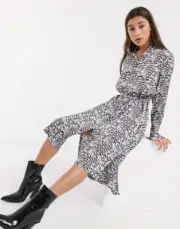 ALLSAINTS Black White Print Anya Plume High/Low Waist Tie Midi Shirt-Dress S 2/4