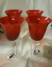 Lot Of 4 Circleware RUBY RED BELL SHAPED WATER WINE GOBLETS CLEAR PEDESTAL STEM